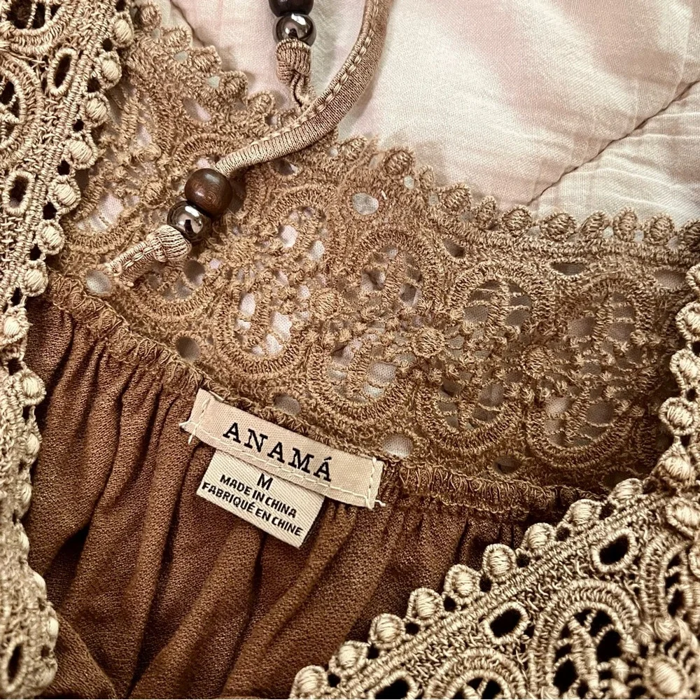 Anama Blouse Tan Brown Boho Embroider Lace Size Medium - Picture 4 of 4